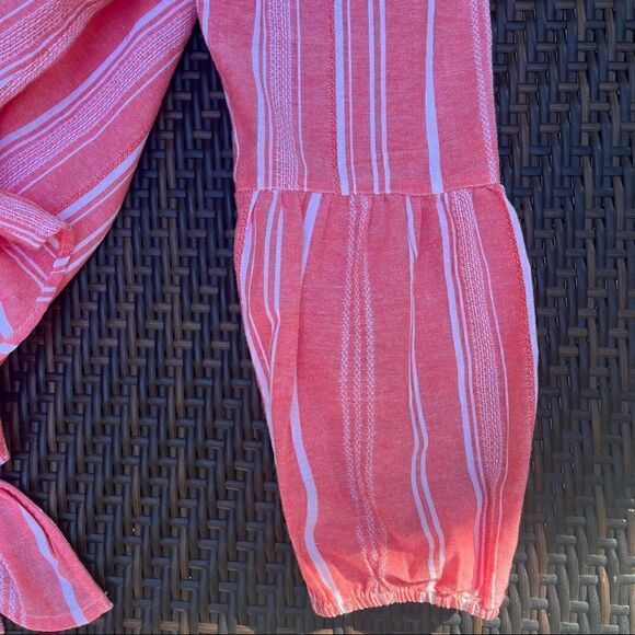 ROSE CORAL WHITE STRIPE LONG BELL SLEEVE KNOTTED BLOUSE SIZE XL - Picture 3 of 9